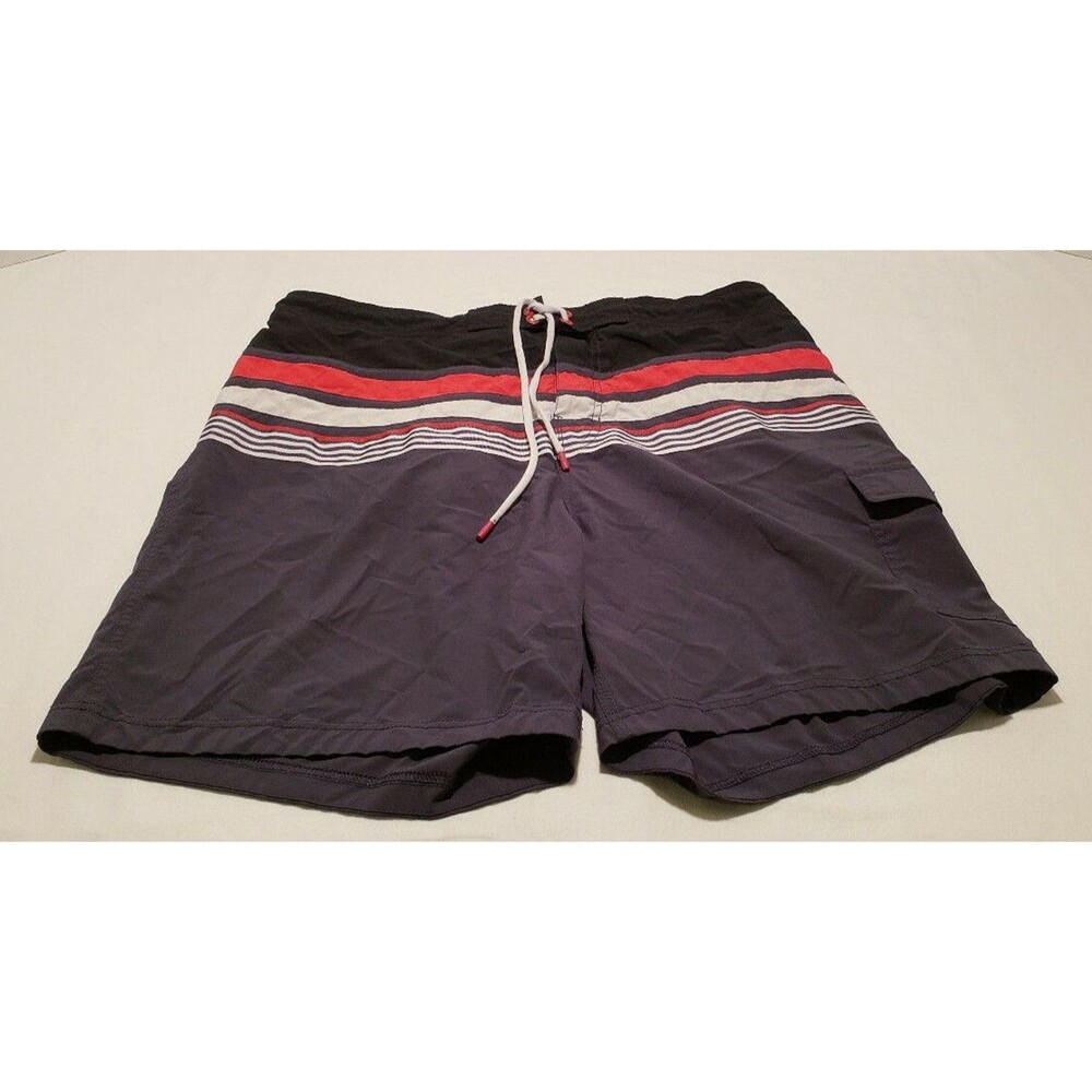 Speedo Men XL Board Shorts Dark Purple Red Stripe Swim Trunks GUC Cargo Pocket
